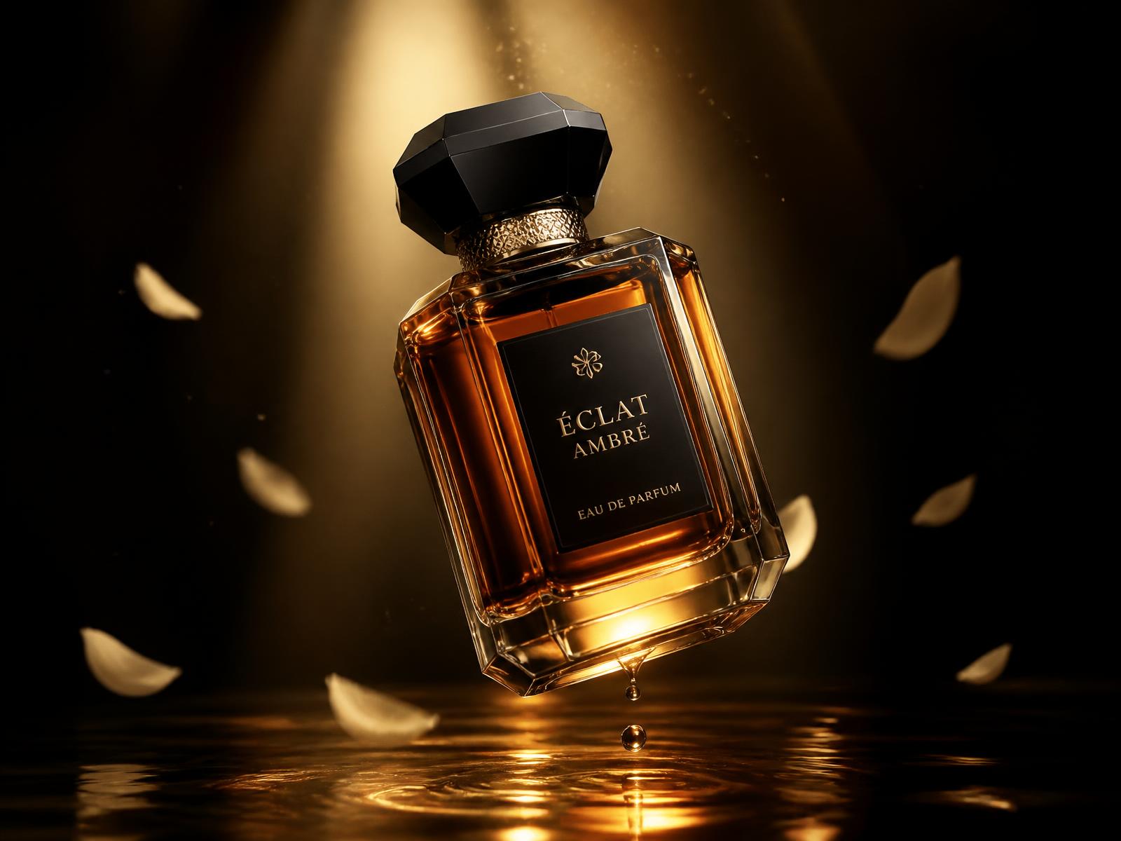 Luxury amber perfume bottle floating in a warm golden spotlight